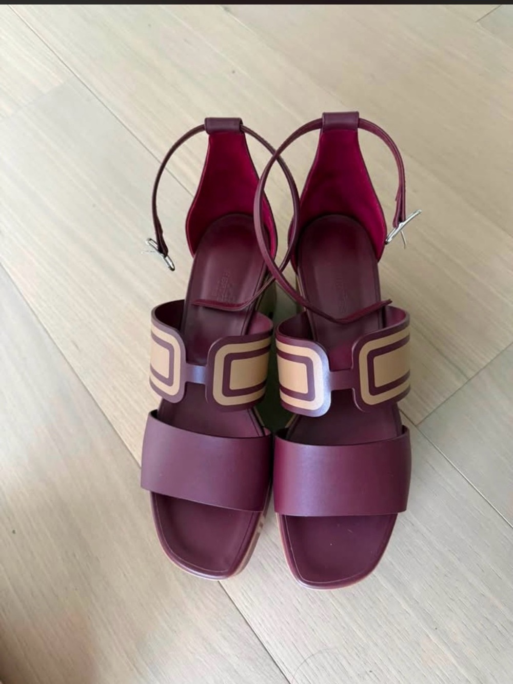 Hermes Burgundy and Tan Espadrille-Style Sandals